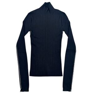 Maria McManus Black Ribbed Mock Neck Top White Trim Cut-outs Sustainable Knit XS